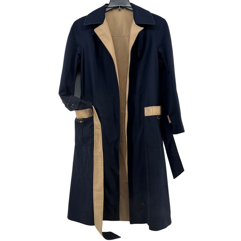 Vintage 70s ETIENNE AIGNER Women's 14 Reversible Trench‎ Coat Belted NAVY BEIGE